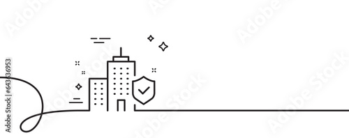 Apartment insurance hand line icon. Continuous one line with curl. Risk coverage sign. Building protection symbol. Apartment insurance single outline ribbon. Loop curve pattern. Vector