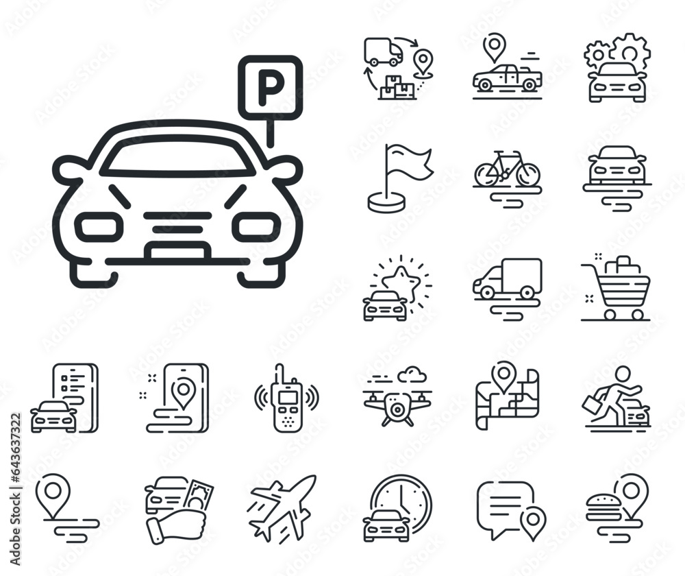 Auto park sign. Plane, supply chain and place location outline icons. Car parking line icon. Transport place symbol. Parking line sign. Taxi transport, rent a bike icon. Travel map. Vector