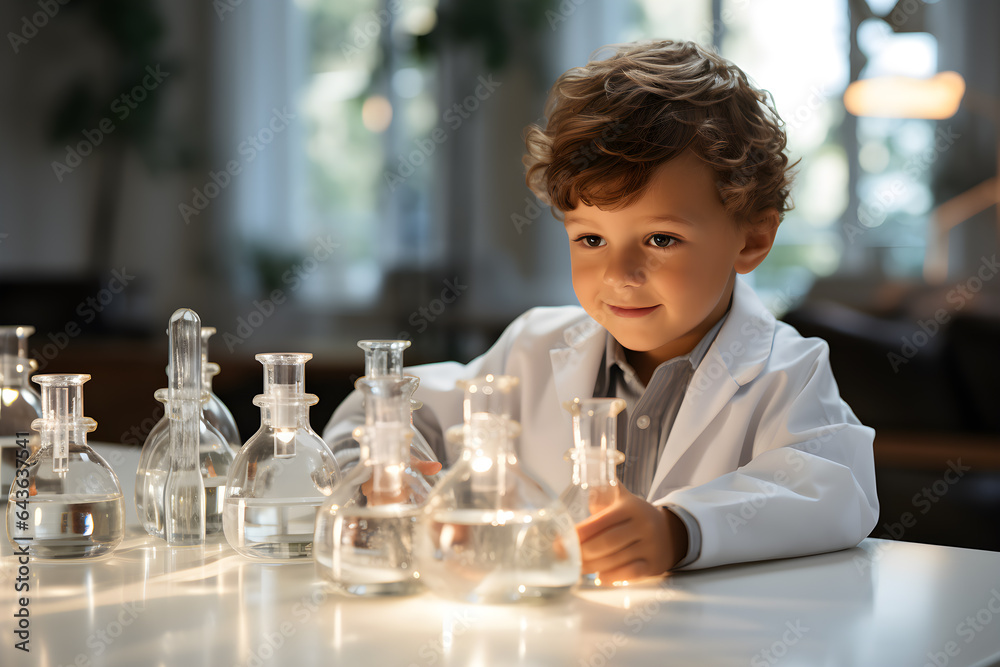 Child scientist. A cute, smiling boy wearing white scientist. Stand doing experiments. holding glass test tube on table. Future dream job for kid. Learn is creative, imagine, inspiration. Copy space.