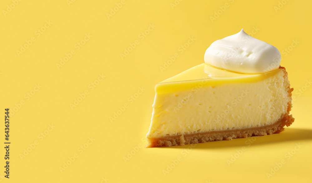 Sweet delicious yellow lemon cheesecake on a yellow background - obrazy, fototapety, plakaty 