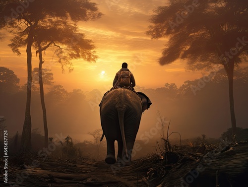 Silhouette of a tourist riding an elephant in the forest at sunset