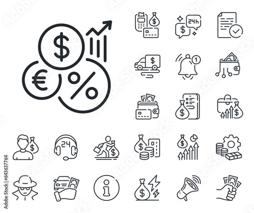 Money tax rate sign. Cash money, loan and mortgage outline icons. Inflation line icon. Financial interest symbol. Inflation line sign. Credit card, crypto wallet icon. Inflation, job salary. Vector