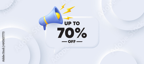 Up to 70 percent off sale. Neumorphic 3d background with speech bubble. Discount offer price sign. Special offer symbol. Save 70 percentages. Discount tag speech message. Banner with megaphone. Vector