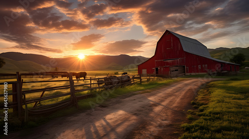 Explore the rustic charm of a farmstead in this tranquil scene. The detailed photography showcases the weathered barn, the grazing livestock, and the rolling hills, conveying the timeless and peaceful