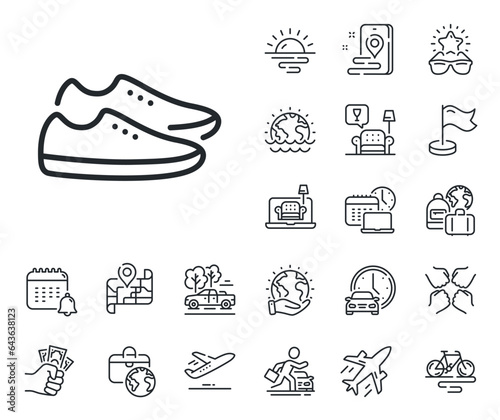 Sport footwear sign. Plane jet, travel map and baggage claim outline icons. Shoes line icon. Fashion sneakers symbol. Shoes line sign. Car rental, taxi transport icon. Place location. Vector