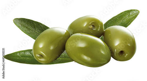composição com azeitonas verdes acompanhado de folhas de oliveira isolado em fundo transparente  photo