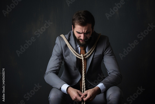 Sad business man , almost crying , holding a rope in his hands , depression concept