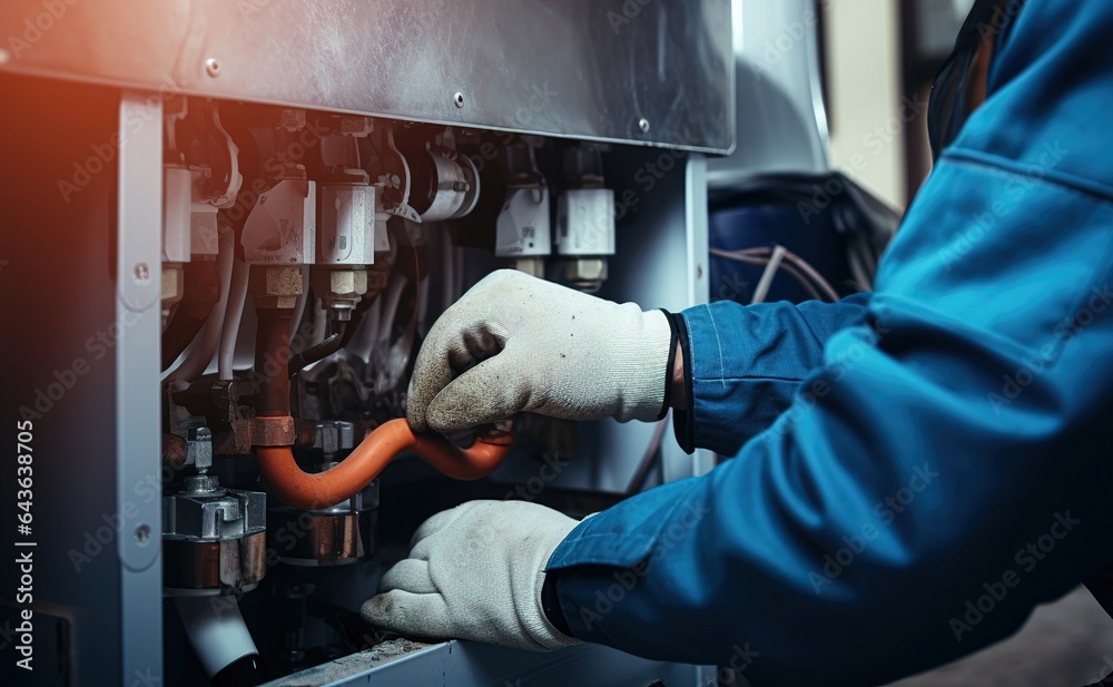 Plumber conducts an inspection and repairs the central heating system