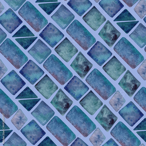 Watercolor seamless hand drawn geometric pattern with colorful rhombuses alike brickwork in blue shades