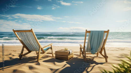 Chairs on the sandy beach near the sea. Summer holiday and vacation concept for tourism. © MP Studio