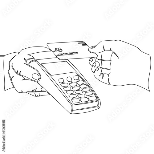 Continuous line drawing A person pays for a purchase by card Contactless payment system icon vector illustration concept