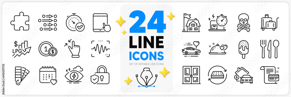 Icons set of Romantic dinner, Touchscreen gesture and Palette line icons pack for app with Tablet pc, Order, Building thin outline icon. Puzzle, Delivery online, Healthcare calendar pictogram. Vector