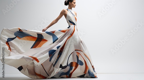 Model draped in an avant-garde dress with abstract patterns, set against a minimalist white studio backdrop.