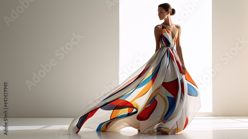 Model draped in an avant-garde dress with abstract patterns, set against a minimalist white studio backdrop.