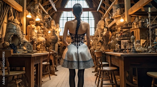 Model exuding a vintage vibe in a corseted ensemble, set in a rustic atelier with wooden mannequins.