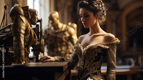 Model in a baroque-inspired outfit with gold embellishments, posed amidst a classical atelier with antique sewing machines. © Dannchez