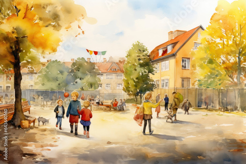 Childhood Reverie: Watercolor Schoolyard with Playful Students