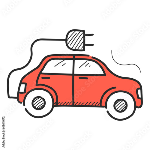 Electric car doodle icon vector isolated. Symbol of alternative energy, ecology friendly technology. Electrical plug connected to vehicle.