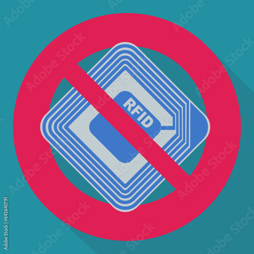 Red circular prohibition symbol with a crossed out Radio identification chip isolated on a blue background with shadow in flat design style