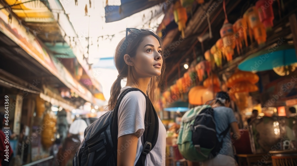 A young Asian traveler walks in an outdoor market in Bangkok, Thailand.