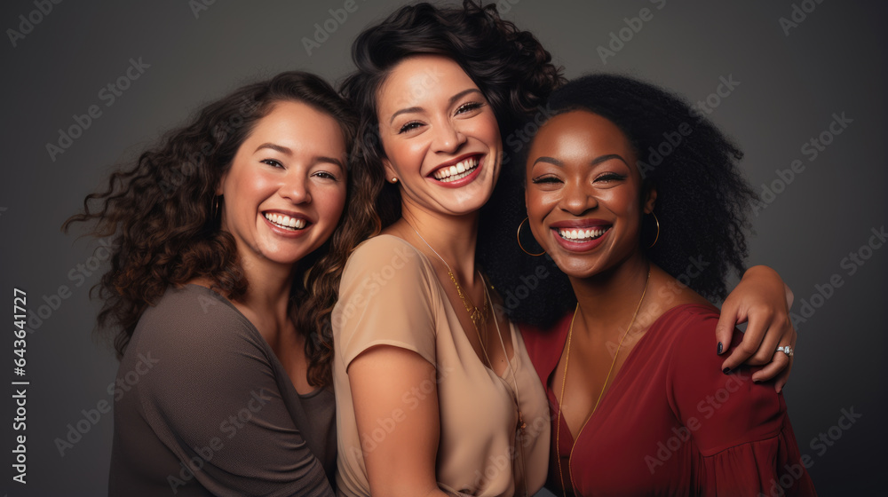 Fototapeta premium Multi Ethnic Group of Womans with diffrent types of skin together against beige background.