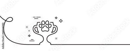 Dog competition line icon. Continuous one line with curl. Pets award sign. Champion winner cup symbol. Winner cup single outline ribbon. Loop curve pattern. Vector