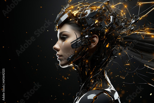 Futuristic cyborg woman and Ai technology background with customizable space for text.