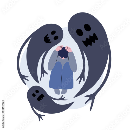 Person suffering from schizophrenia and hallucinations seeing ghosts and creatures, spirits and shades. Psychopath or schizophrenic person. Flat style vector illustration of mental disorder.