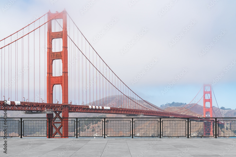 Fototapeta premium San Francisco Skyline Golden Gate bridge. Beautiful landmark. Day time. Empty rooftop View. Success concept.