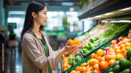 Woman chooses vegetables on the shelves at the grocery store