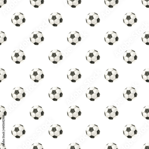 Soccer ball. Football balls. Seamless pattern. Watercolor hand drawn illustration. Isolated. Sports equipment. For football club  sporting goods stores  poster and postcard design