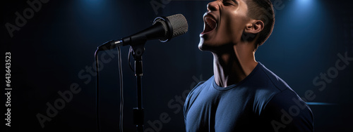 Young man singing against a dark background with dimmed lights