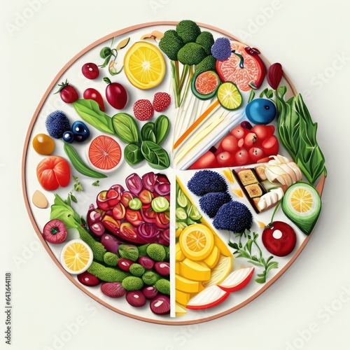 A diverse composition of nutritious food items elegantly presented in a balanced arrangement.
