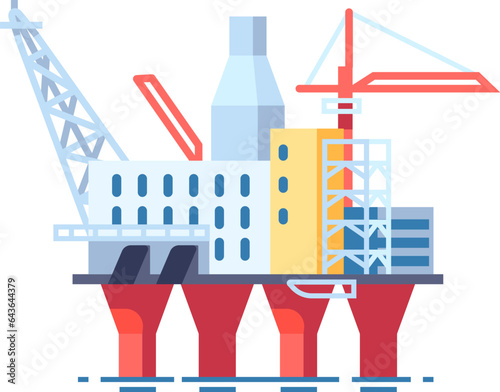 Oil petroleum industry. Marine platform. Gasoline production. Industrial rig and derrick. Sea petrol well. Ocean drilling and mining equipment. Offshore gas extraction. Vector concept