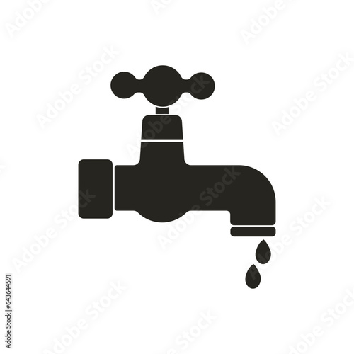 Isolated illustration of black pictogram water tap open for save water, please turn off the tap environment sign, water flow from valve