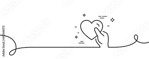 Hold heart line icon. Continuous one line with curl. Friends love sign. Friendship hand symbol. Hold heart single outline ribbon. Loop curve pattern. Vector
