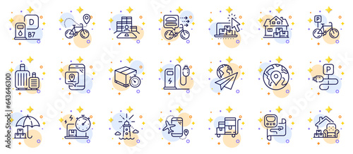 Outline set of Bicycle parking, Bike delivery and Charging station line icons for web app. Include Metro map, Diesel station, Charging parking pictogram icons. Lighthouse, Food delivery. Vector