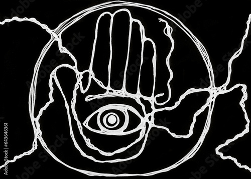 A white marker drawing of a palm with an eye in the center, depicted on a solid black background.