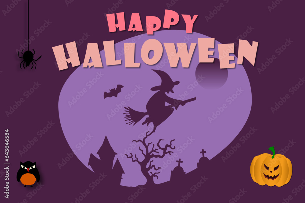 Halloween template background with the Halloween text and the scarecrow pumpkin. Vector illustration.