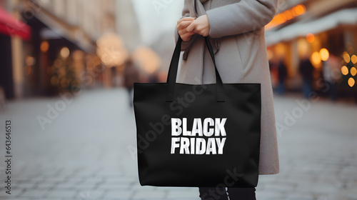 femme qui porte un tote bag black friday dans une rue commerçante
