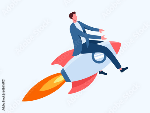 Bussines Rocket Roncept Flat Design, businessman flying on a rocket on blue sky background, business concept startup, Start up image,businessman riding on rocket,vector illustration
