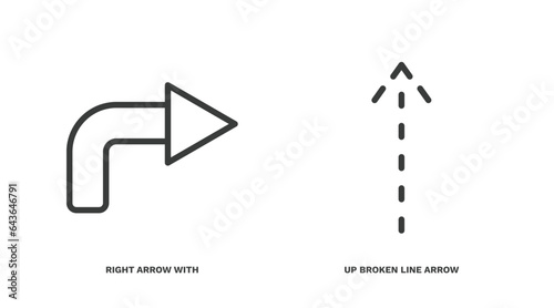 set of user interface thin line icons. user interface outline icons included right arrow with turn, up broken line arrow vector.