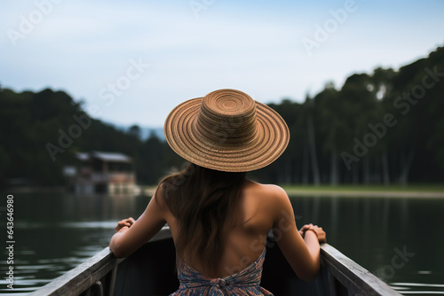 Back view of a beautiful girl on a boat at a lake © Jeremy