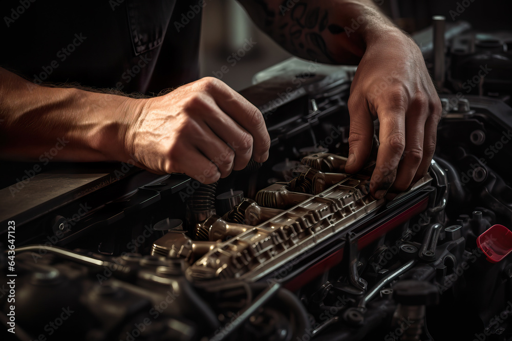 Mechanic hands fixing the inside of an engine Mechanic hands fixing the inside of an engine