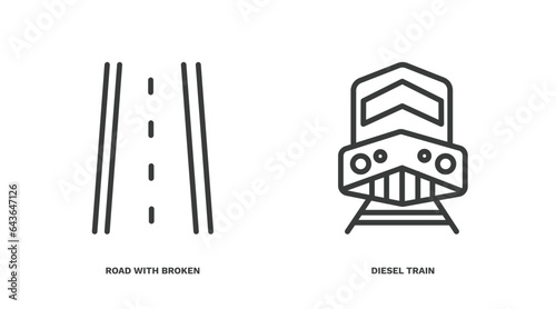 set of transportation thin line icons. transportation outline icons included road with broken lines, diesel train vector.