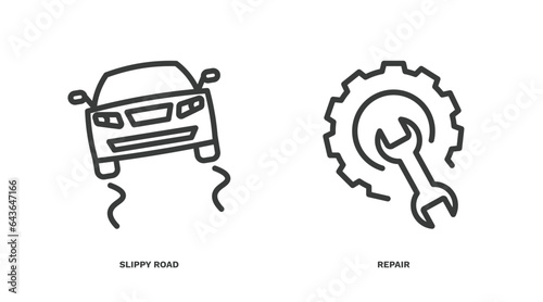 set of transportation thin line icons. transportation outline icons included slippy road, repair vector.