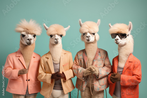 four alpacas dressed in in bright colored clothes  photo