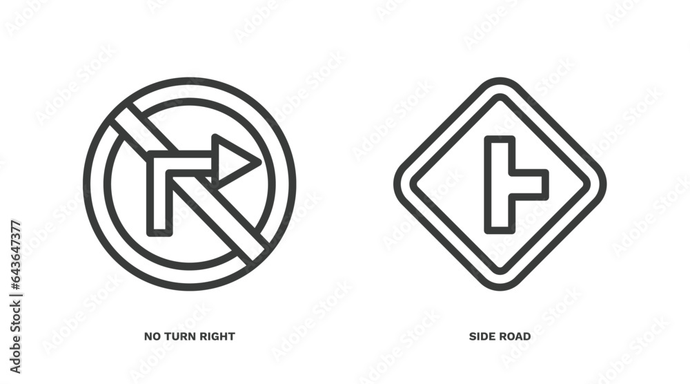 set of traffic signs thin line icons. traffic signs outline icons included no turn right, side road vector.