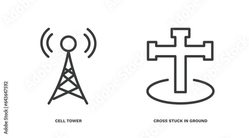 set of technology thin line icons. technology outline icons included cell tower, cross stuck in ground vector.