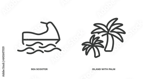 set of summer thin line icons. summer outline icons included sea scooter, island with palm trees vector.